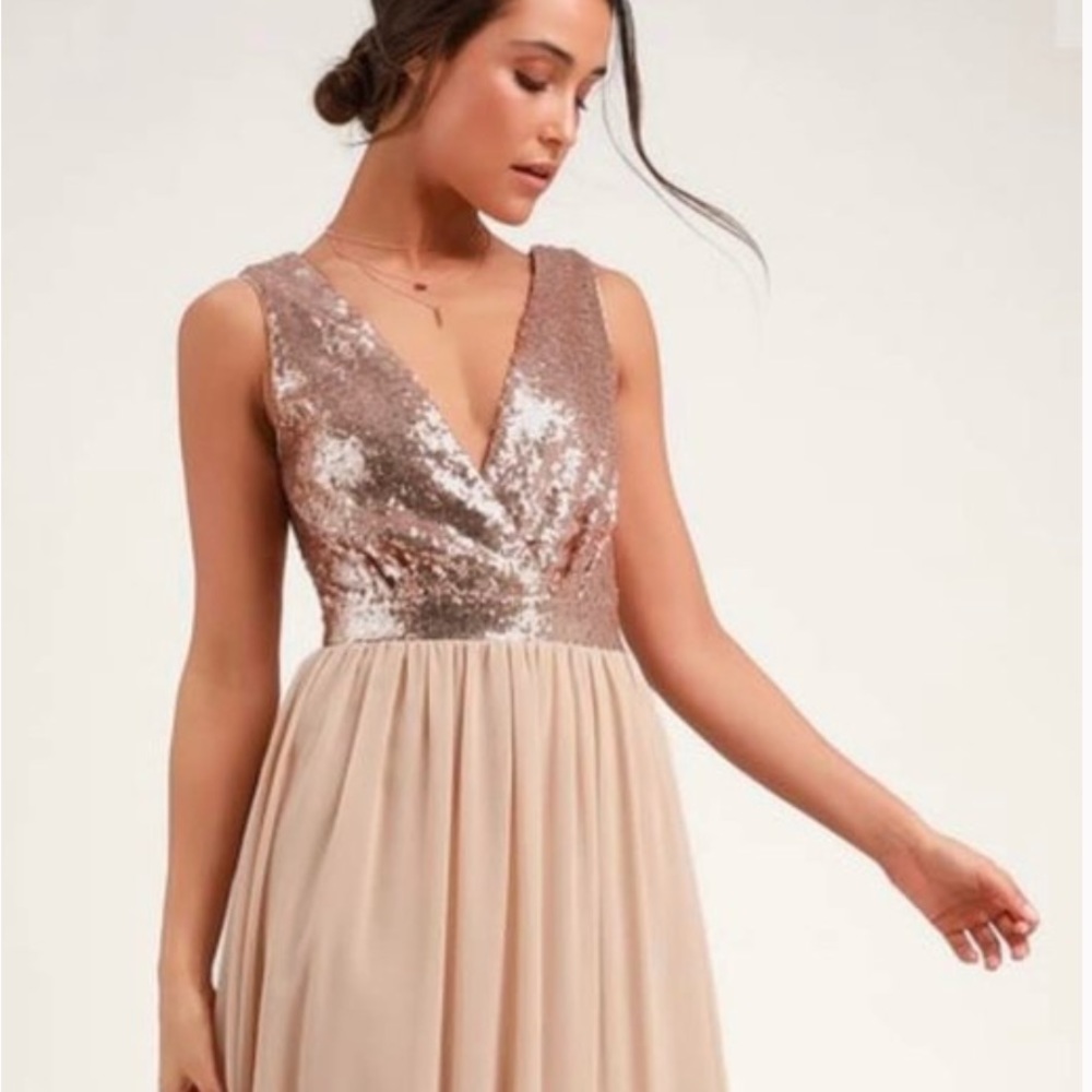 Lulus Elegant Sequin V-Neck Maxi Dress - Rose Gold and Cream